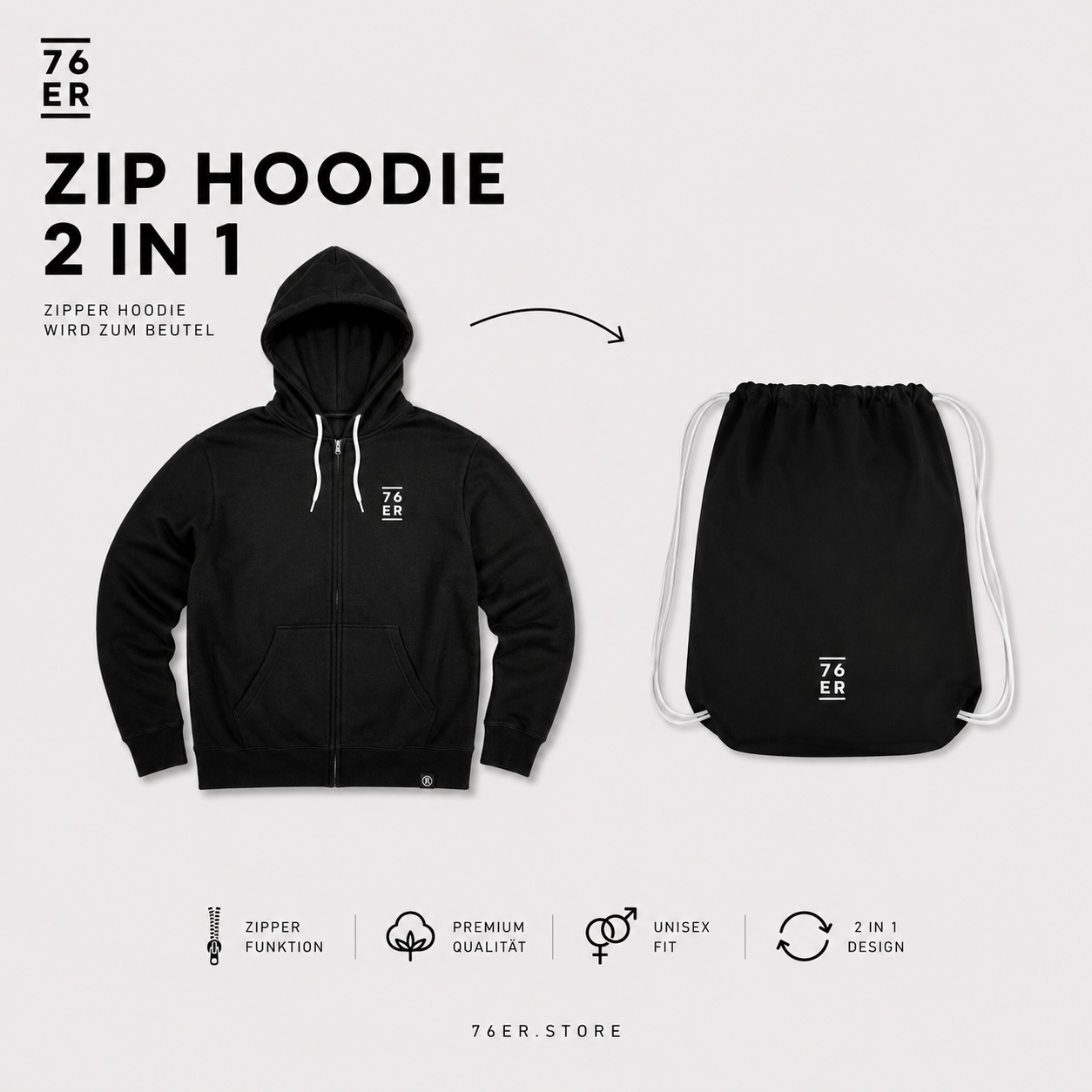 76ER ZIP HOODIE 2in1 SCHWARZ